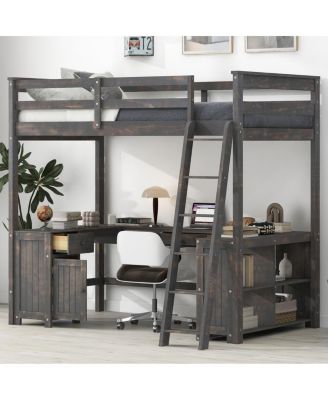 Full Size Loft Bed with U-shaped Desk, Drawers & Storage