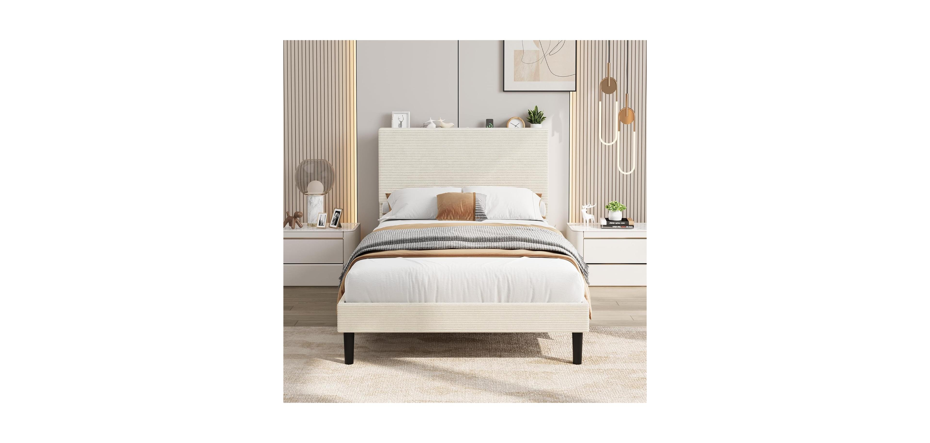 gaomon Bed Frame with Usb Charging Station, Corduroy Upholstered Platform Bed Frame with Adjustable Storage Headboard