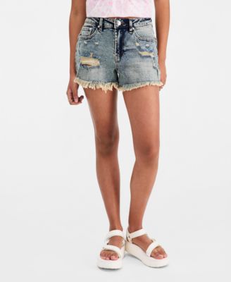 Juniors' High Rise Destructed Denim Shorts