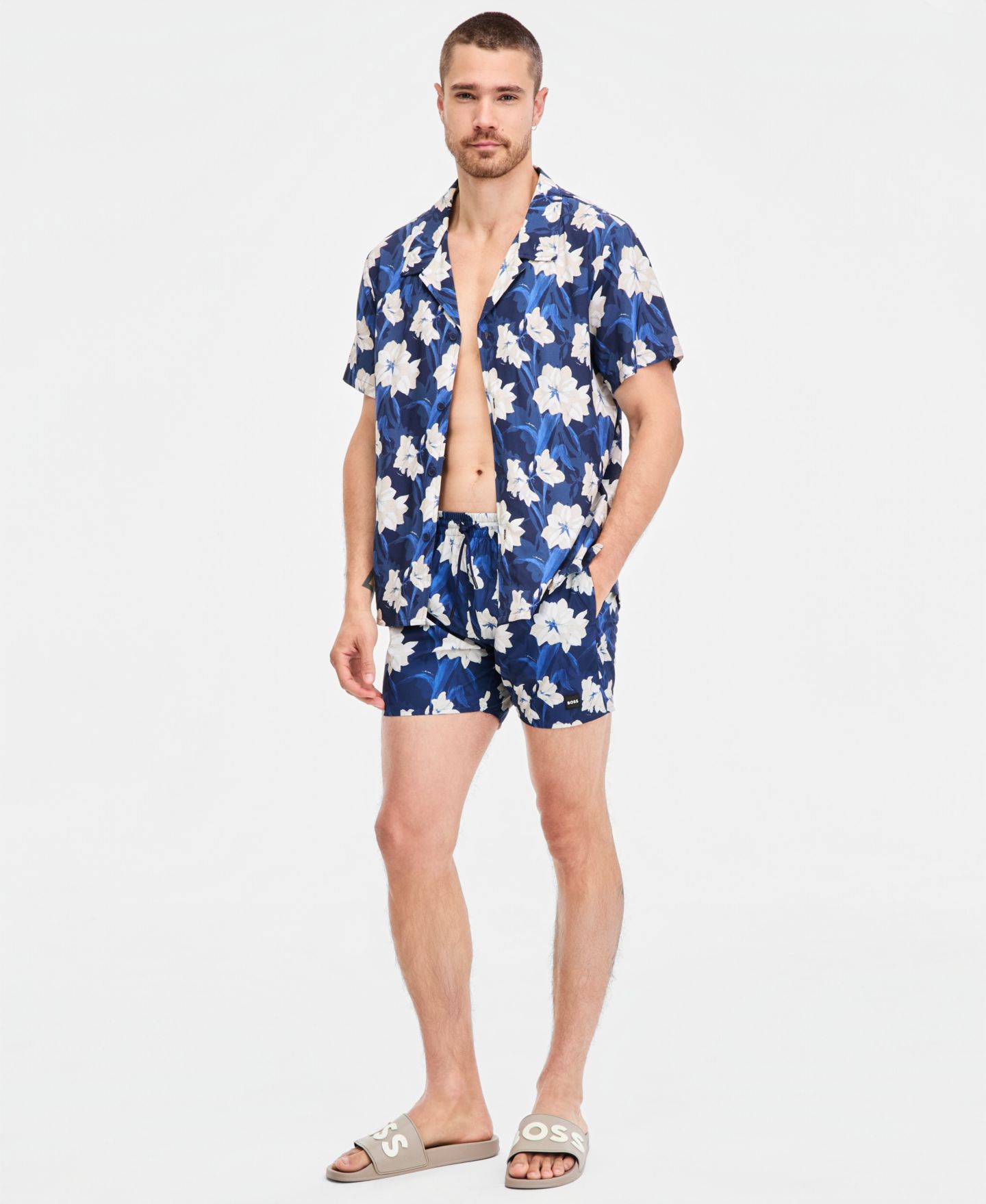 Пляжные рубашки Tropical для мужчин, на пуговицах, с принтом — Hugo Boss, цвет: Синий с принтом — фото 1
