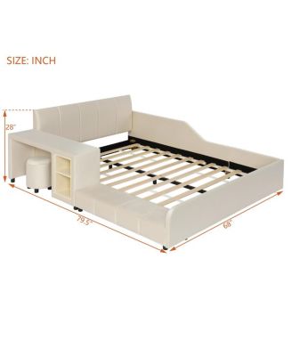  Full Size Upholstered Grounded Bed with Bedside Desk & Stool, Beige