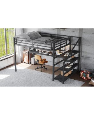 Loft Bed with Desk and Storage Stairs, Metal Loft Bed with LED Lights & USB Ports