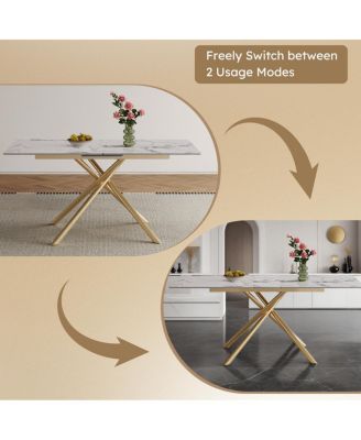 59-inch Expandable Dining Table with Retractable Leaf, Charred Stone Top & Golden X-Base