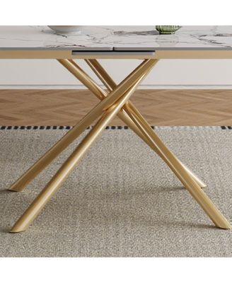 59-inch Expandable Dining Table with Retractable Leaf, Charred Stone Top & Golden X-Base