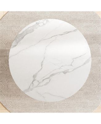 Modern 35.43" Round Dining Table, Glossy Sintered Stone Top, PU Leather Pedestal