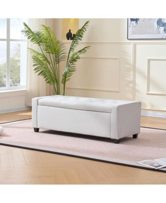 48" Storage Bench for End of Bed, Faux Linen Upholstered Storage Ottoman, Beige
