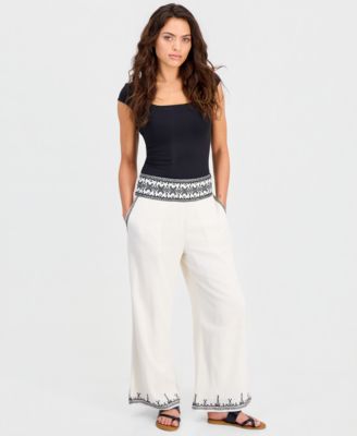 Petite Embroidered-Trim Wide-Leg Pants