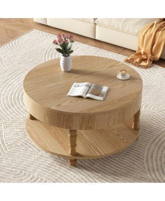  Coffee Table with Dual Storage, 31.5" Modern Round Table (Natural Wood