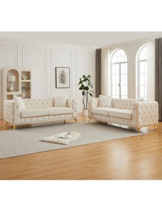 Velvet 3+3 Seater Sofa with Solid Wood Frame & Metal Feet