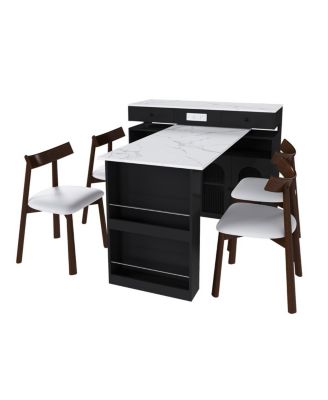  Kitchen Island Set with 4 Chairs, Extendable & Rotating Table, MDF Marble Veneer