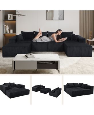 6-Piece Modular U-Shaped Black Corduroy Sectional Sofa with Chaise Lounge