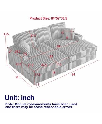  84" Corduroy 3-Seater Sofa w/ Pillows, Ottomans, Storage & Cup Holders