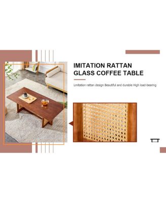  Solid Wood & Rattan Coffee Table for Living Room