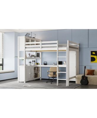 Wood Loft Bed with Cabinet, Bookshelf & Desk