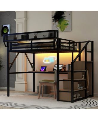 Full Loft Bed with Desk, Stairs & Charging Station, Black
