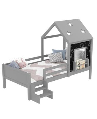 Twin House Bed with Stairs, Window, Bookcase, Blackboard, Star Roof