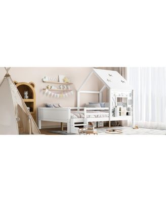 Full House Bed with Low-Profile Stairs, Window, Bookcase, Blackboard, Star Roof