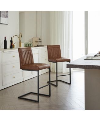 Faux Leather Bar Stool - 26-Inch Tufted, Black Metal Frame (2 Sets)