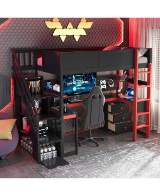 Twin Gaming Loft Bed with Storage Stairs, Desk, Shelves & Pegboard