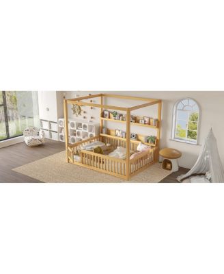Canopy Bed with Guardrails & Shelves, Montessori Floor Bed Frame