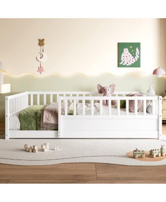 Montessori Wooden Floor Bed with Security Barrier and Door, White