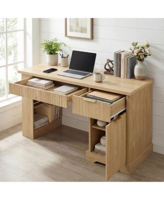55" Modern Fluted Office Desk with Storage, Drawers, Power Outlet & Shelves