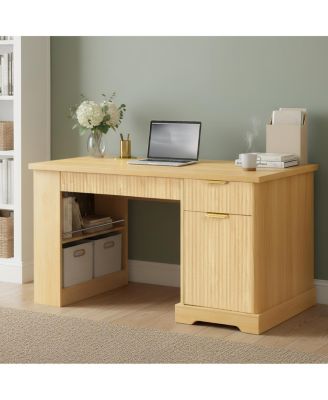 55" Modern Fluted Office Desk with Storage, Drawers, Power Outlet & Shelves