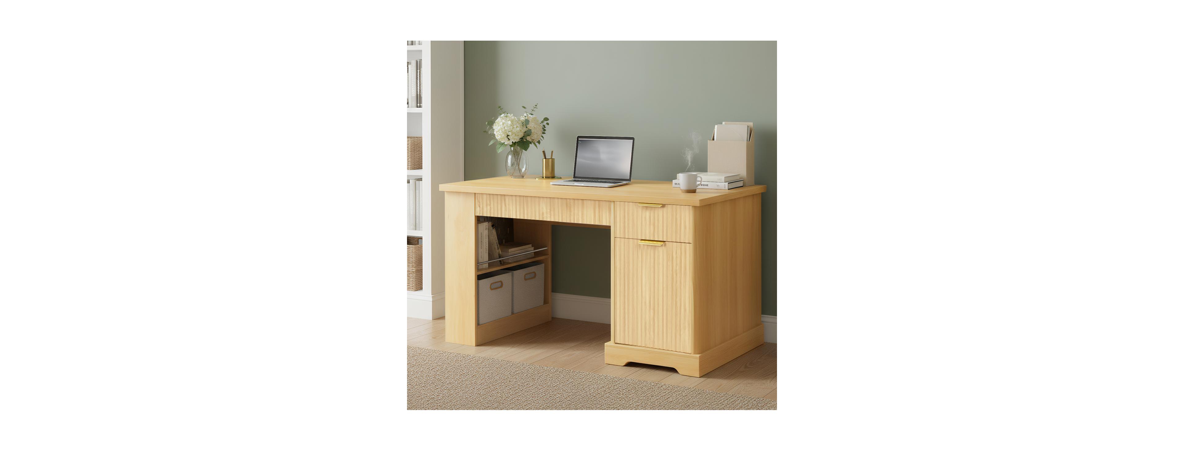 Streamdale Furniture 55" Modern Fluted Office Desk with Storage, Drawers, Power Outlet & Shelves