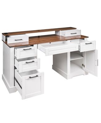 Farmhouse Office Desk with Charging Station & Storage Cabinet