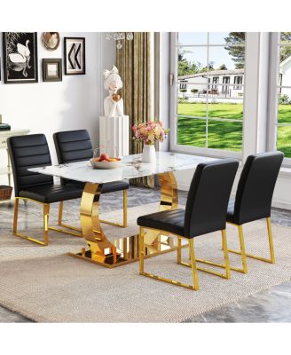 Marble patterned glass dining chair set with gold decoration
