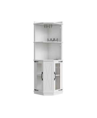 67.3" Farmhouse Corner Bar Cabinet with Power Outlet, Lights & Glass Rack
