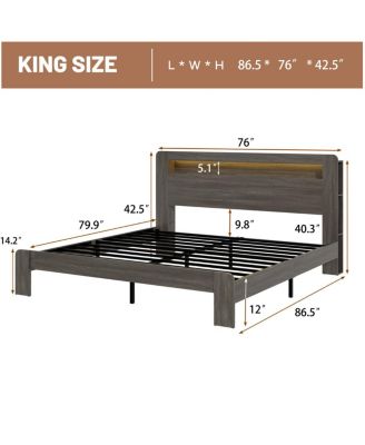 Wood King Bed Frame with Storage, LED Headboard, USB