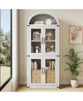 Arched Farmhouse Bookcase with Doors and Drawers, 71.4" Tall Display Cabinet