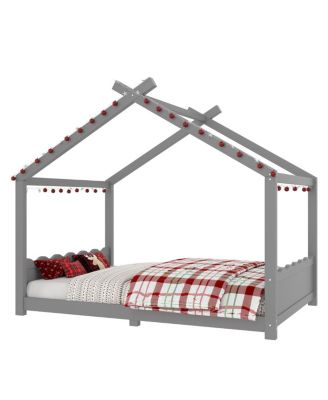 Full House Floor Bed with Support Slats, Solid Wood House Bed Frame for Kids, Gray