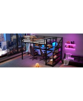 Full Loft Bed with Desk, Storage Stairs, LED Lights & USB Ports