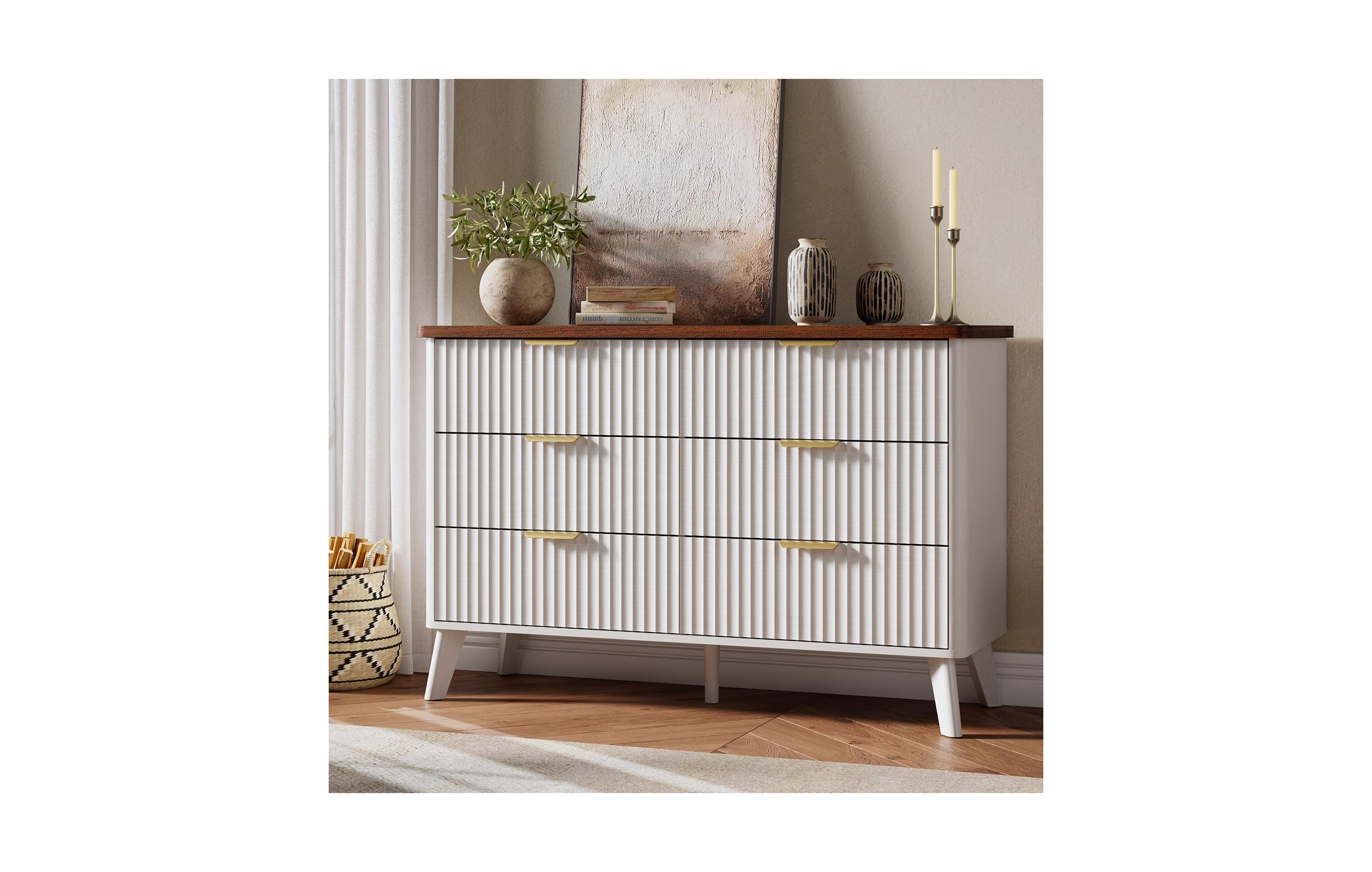 gaomon Fluted Dresser for Bedroom, 6 Deep Drawer Modern Wood Storage Chest, White