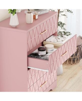 4-Drawer Wooden Dresser for Bedroom, Tall Chest of Drawers with Gold Handles & Storage, Pink