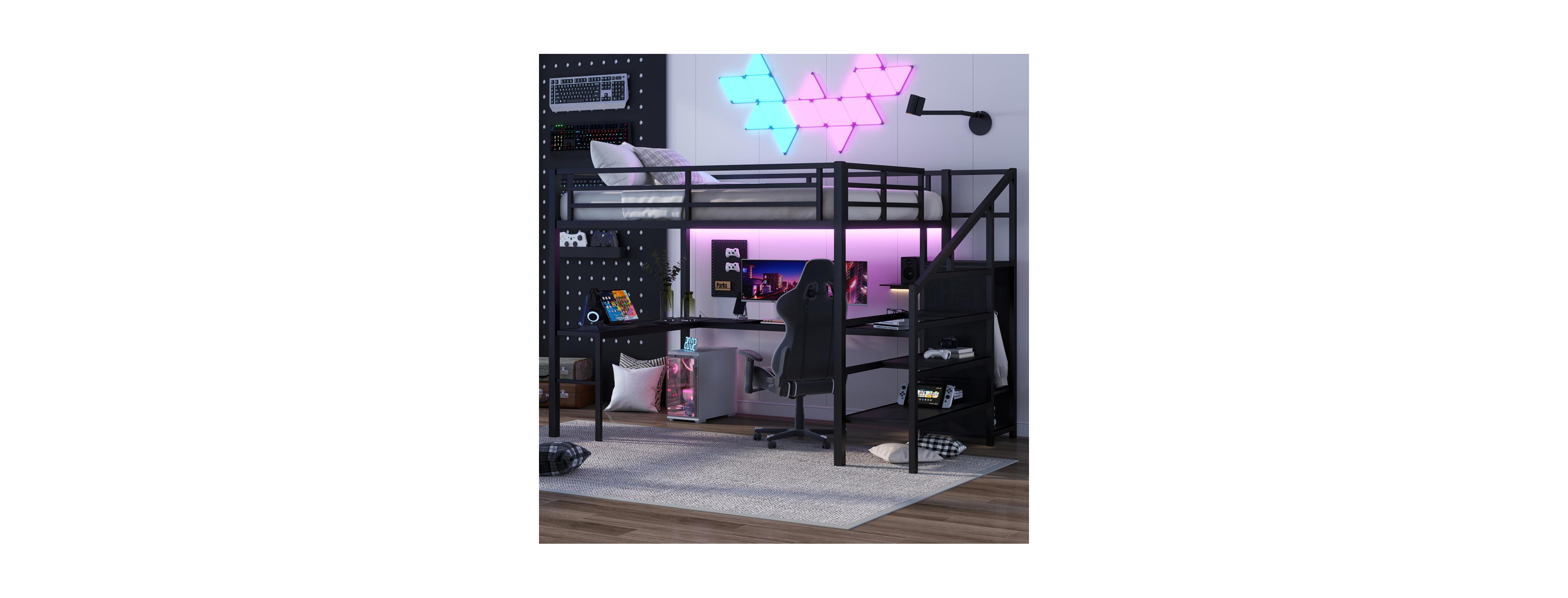 Streamdale Furniture Streamdale Queen Loft Bed with L-Desk, Wardrobe, Usb & Led