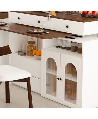 Kitchen Island Set with 2 Chairs, Extendable Rotating Table, 4 Drawers & Cabinets