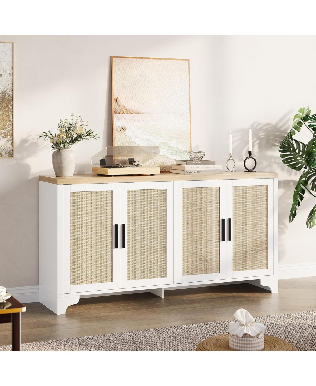 gaomon 4-Door Boho Sideboard Buffet Cabinet, Rattan Storage Console for Dining Room, Living Room, Kitchen