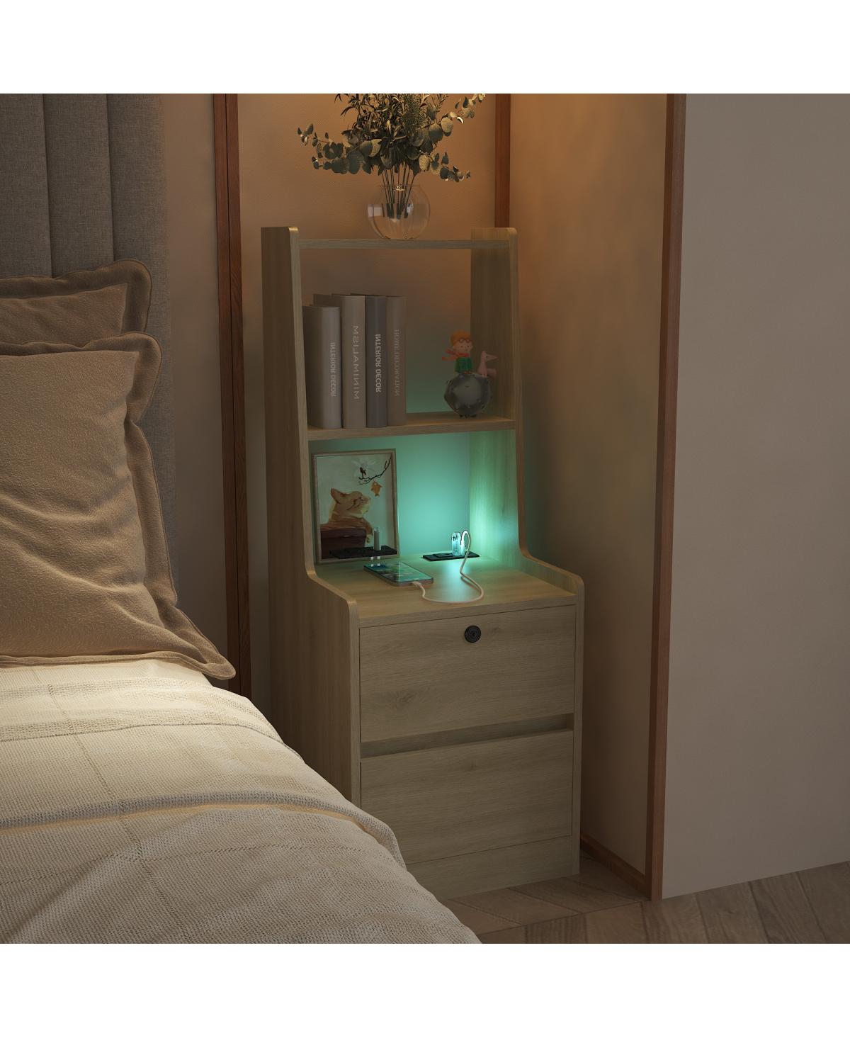 Streamdale Furniture Smart Nightstand with Charging Station, Light, Bookshelf & Storage