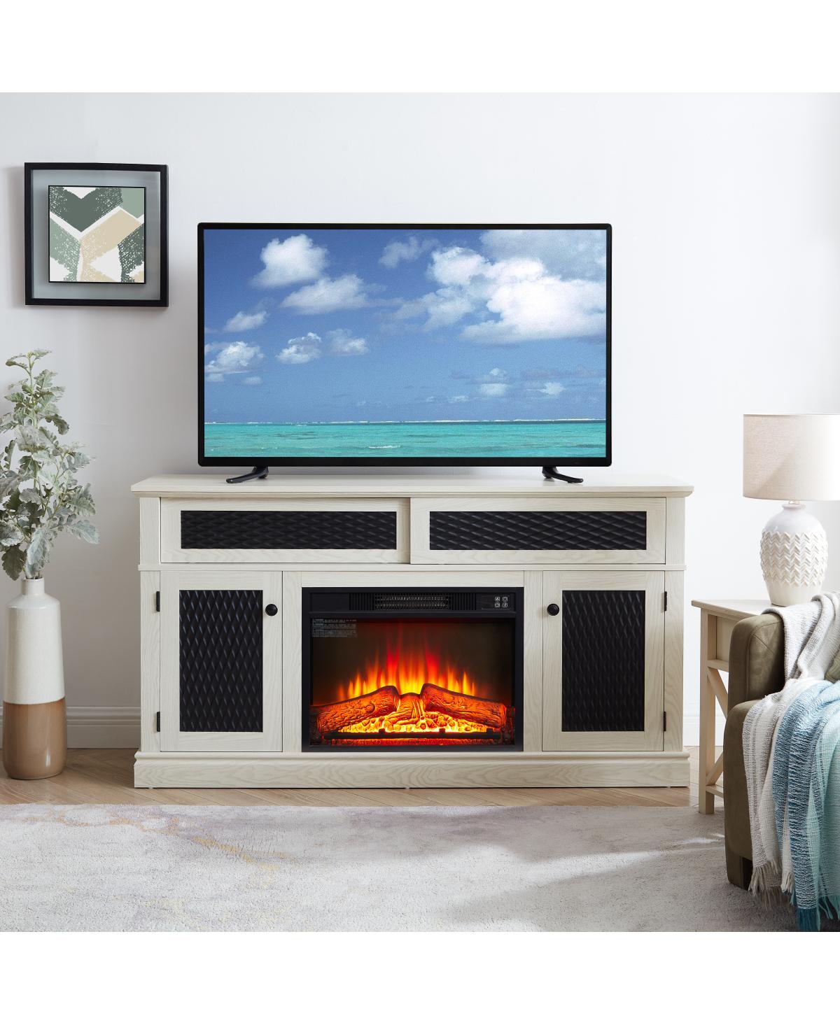 Streamdale Furniture Embossed Pattern Tv Stand with 23" Fireplace, Media Console with Storage, White