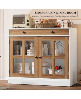 35.4" Sideboard Buffet Cabinet with Glass Doors, Drawer and Adjustable Shelves