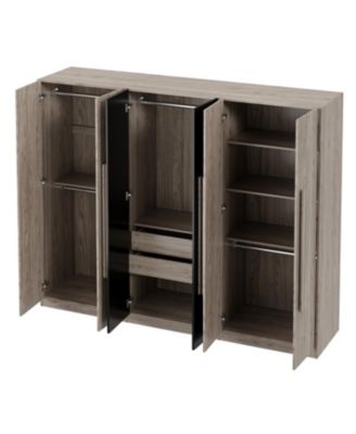 6-Doors Wooden Wardrobe Storage for Bedroom,with 2 Drawers Inside,Black+Nature