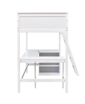 Twin size Loft Bed with Shelves and Desk, Wooden Loft Bed with Desk