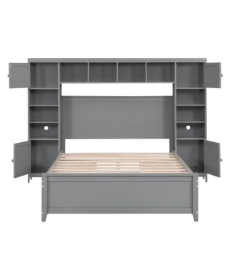 Full Size Wooden Bed With All-in-One Cabinet and Shelf