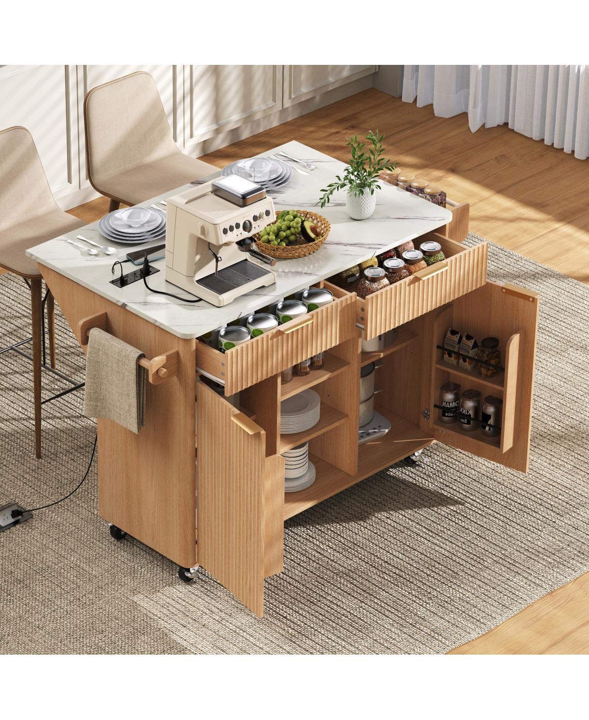 Streamdale 52" Fluted Kitchen Island with Drop Leaf, Power Outlet & Storage Cart