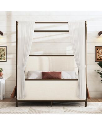Canopy Bed Frame With Linen Upholstered Headboard, Iron Legs
