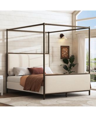 Canopy Bed Frame With Linen Upholstered Headboard, Iron Legs