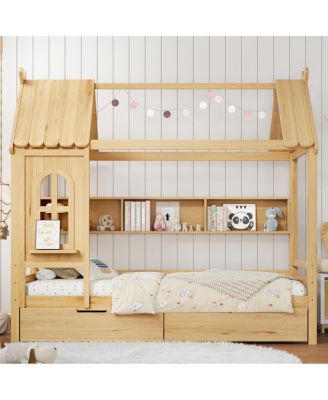  Twin House Bed with Storage Drawers and Shelves, Solid Wood